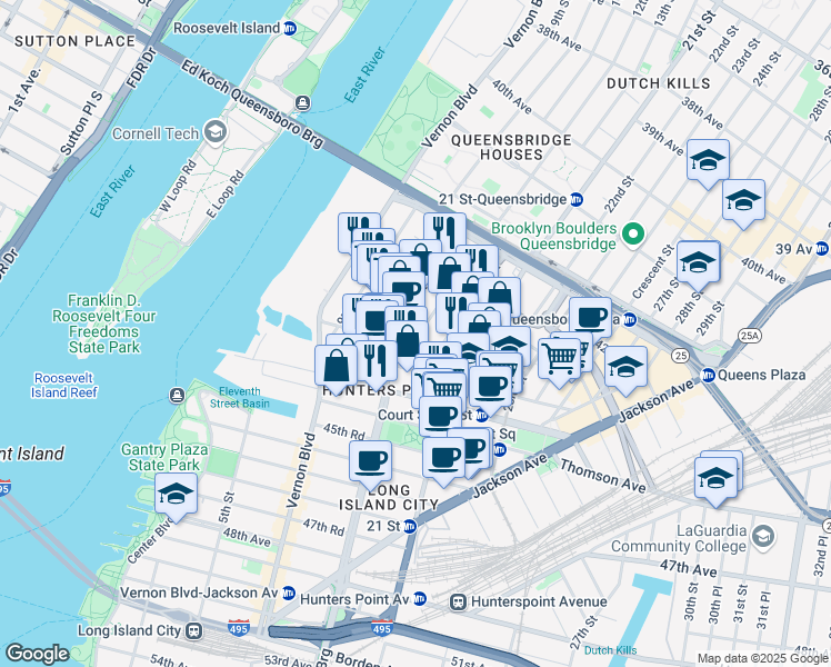 map of restaurants, bars, coffee shops, grocery stores, and more near 11-20 43rd Road in Queens