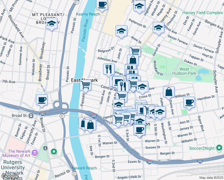 map of restaurants, bars, coffee shops, grocery stores, and more near 406 North 2nd Street in East Newark