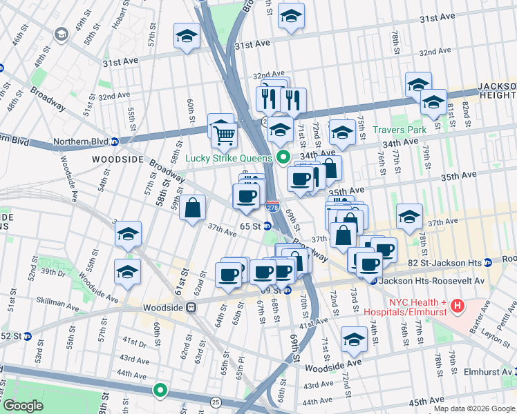 map of restaurants, bars, coffee shops, grocery stores, and more near 64-19 35th Avenue in Queens