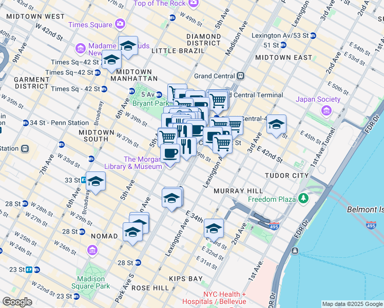 map of restaurants, bars, coffee shops, grocery stores, and more near 30 East 39th Street in New York