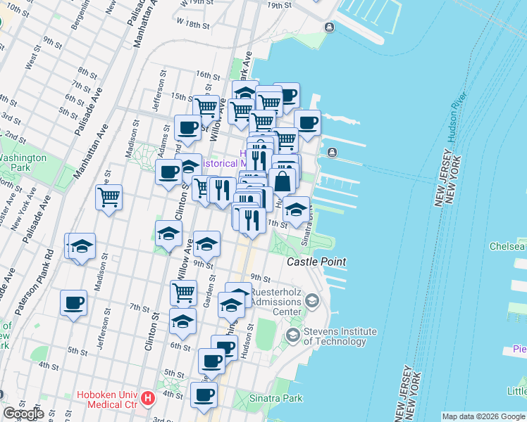 map of restaurants, bars, coffee shops, grocery stores, and more near 1117 Washington Street in Hoboken