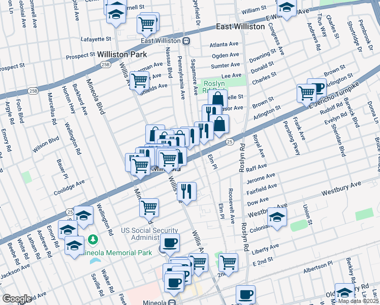 map of restaurants, bars, coffee shops, grocery stores, and more near 298 Nassau Boulevard in Mineola