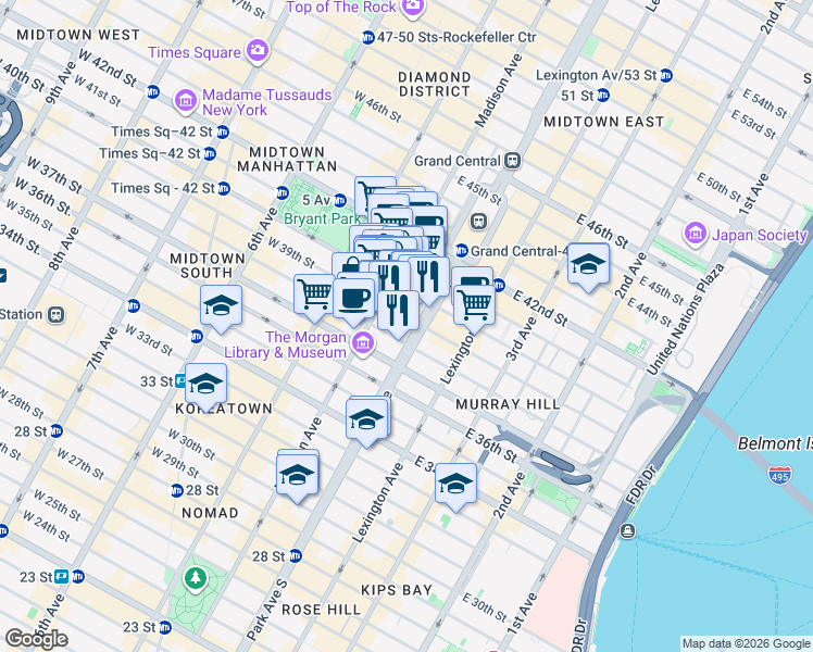 map of restaurants, bars, coffee shops, grocery stores, and more near 80 Park Avenue in New York