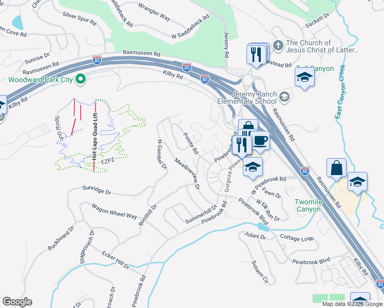 map of restaurants, bars, coffee shops, grocery stores, and more near 3404 Cedar Drive in Park City