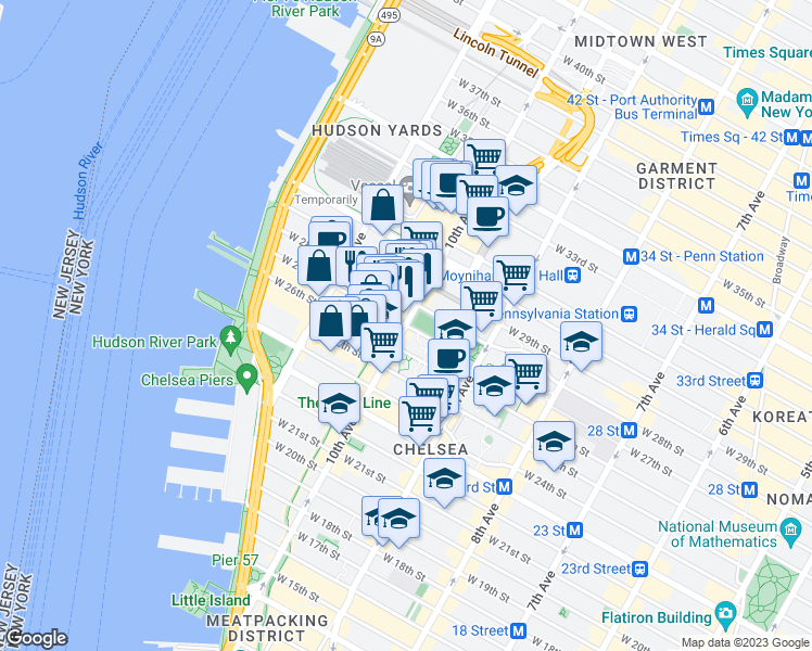 map of restaurants, bars, coffee shops, grocery stores, and more near 10th Ave & W 27th St in New York