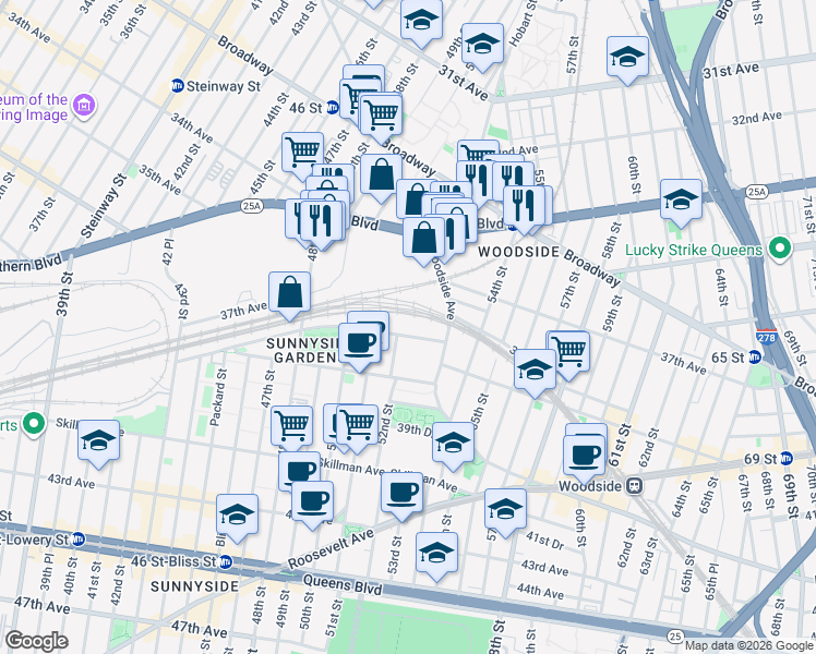 map of restaurants, bars, coffee shops, grocery stores, and more near 52-07 Barnett Avenue in Queens