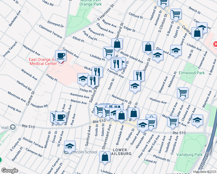 map of restaurants, bars, coffee shops, grocery stores, and more near 47 Smith Street in East Orange
