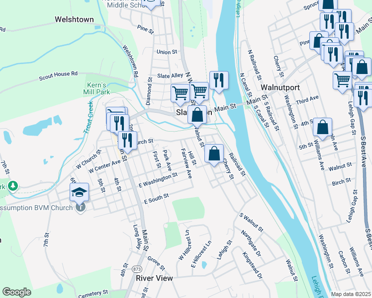 map of restaurants, bars, coffee shops, grocery stores, and more near 120 Hill Street in Slatington