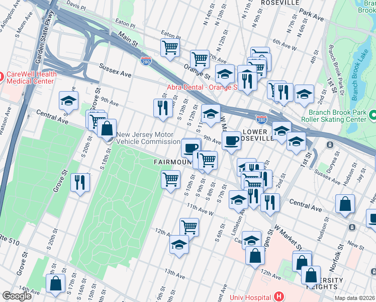map of restaurants, bars, coffee shops, grocery stores, and more near 114 South 12th Street in Newark