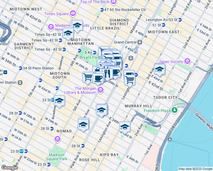 map of restaurants, bars, coffee shops, grocery stores, and more near 27-29 East 39th Street in New York