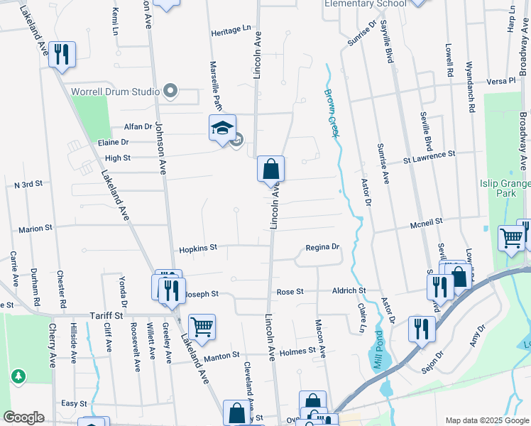 map of restaurants, bars, coffee shops, grocery stores, and more near 364 Lincoln Avenue in Sayville