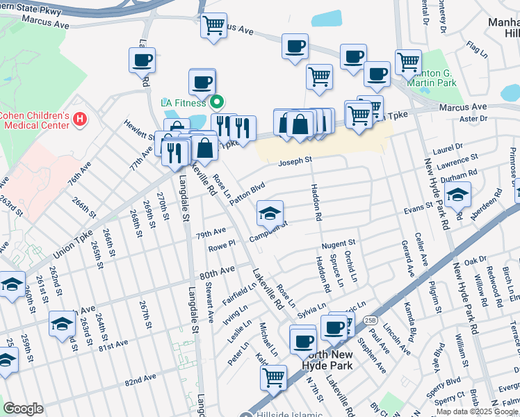 map of restaurants, bars, coffee shops, grocery stores, and more near 137 Claudy Lane in New Hyde Park
