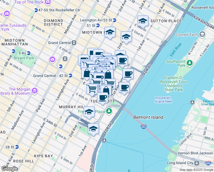 map of restaurants, bars, coffee shops, grocery stores, and more near 303 East 43rd Street in New York