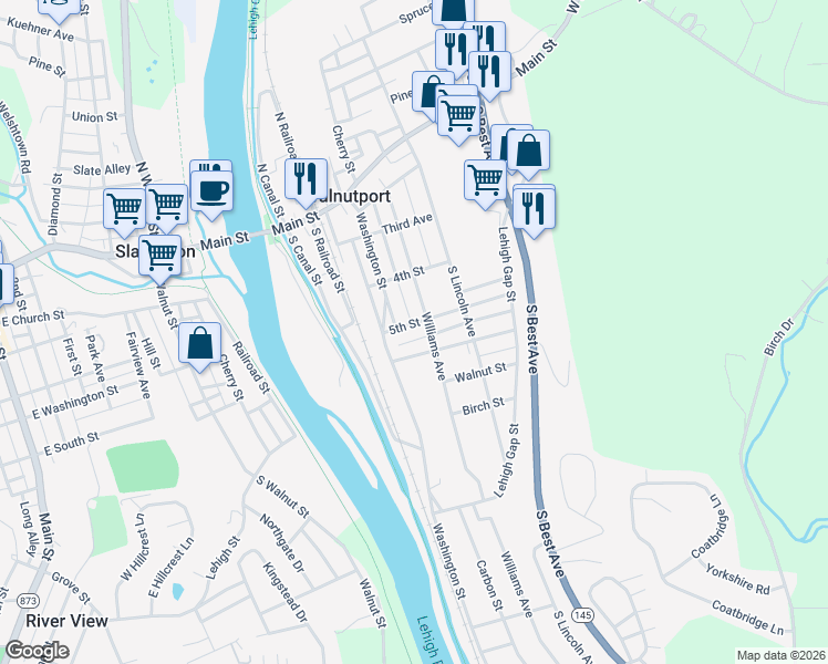map of restaurants, bars, coffee shops, grocery stores, and more near 200 5th Street in Walnutport