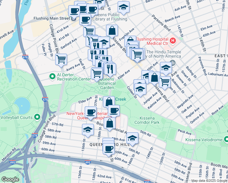 map of restaurants, bars, coffee shops, grocery stores, and more near 5499 Main Street in Queens