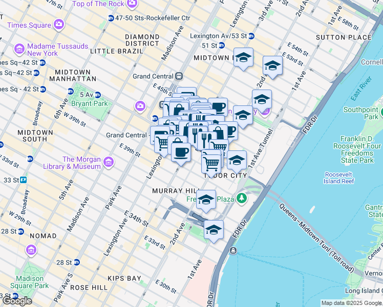 map of restaurants, bars, coffee shops, grocery stores, and more near 655 3rd Avenue in New York