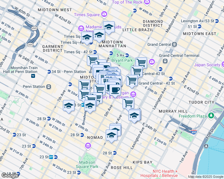map of restaurants, bars, coffee shops, grocery stores, and more near 15 West 36th Street in New York