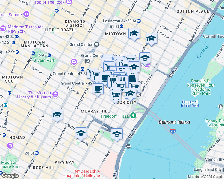 map of restaurants, bars, coffee shops, grocery stores, and more near 250 East 42nd Street in New York