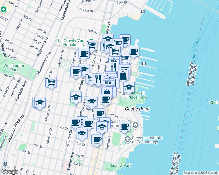 map of restaurants, bars, coffee shops, grocery stores, and more near 1112 Bloomfield Street in Hoboken