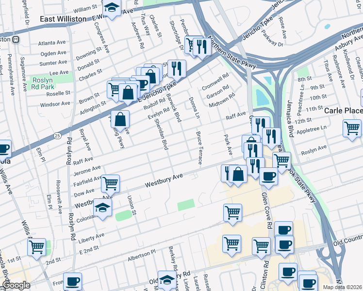 map of restaurants, bars, coffee shops, grocery stores, and more near 243 Jerome Avenue in Mineola