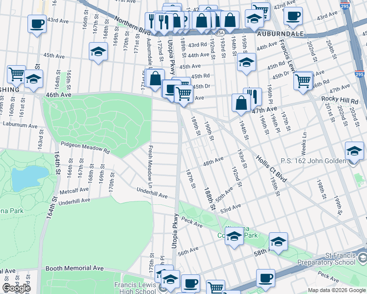 map of restaurants, bars, coffee shops, grocery stores, and more near 46-90 Utopia Parkway in Queens