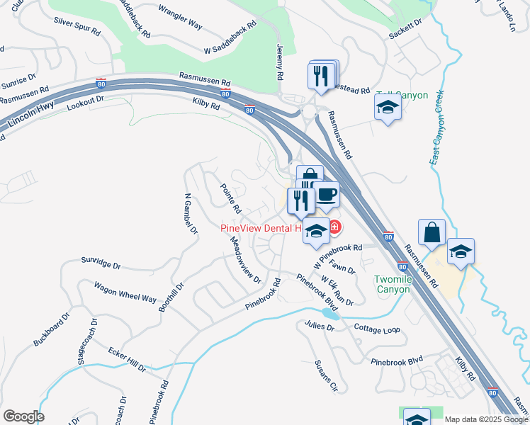 map of restaurants, bars, coffee shops, grocery stores, and more near 8370 Meadowview Court in Park City