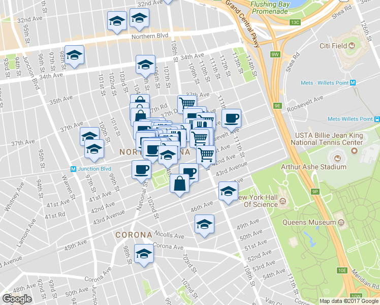 map of restaurants, bars, coffee shops, grocery stores, and more near 104-60 Roosevelt Avenue in Queens