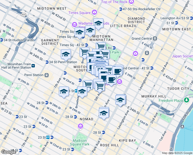 map of restaurants, bars, coffee shops, grocery stores, and more near 15 West 36th Street in New York