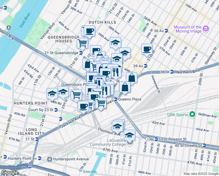 map of restaurants, bars, coffee shops, grocery stores, and more near 28-11 Queens Plaza North in Queens