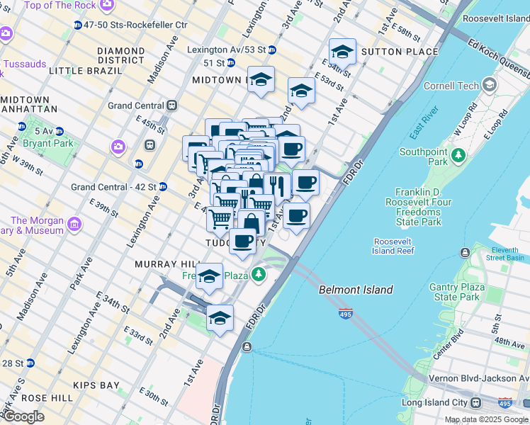 map of restaurants, bars, coffee shops, grocery stores, and more near 3 United Nations Plaza in New York