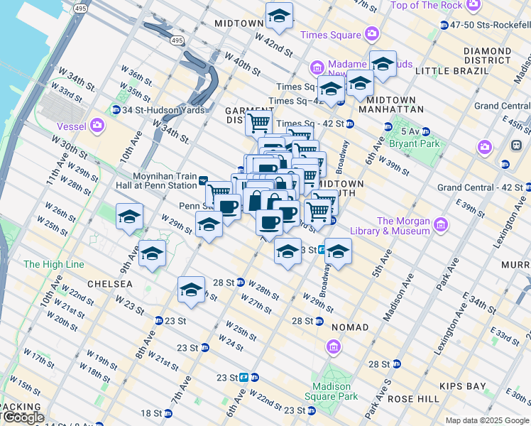 map of restaurants, bars, coffee shops, grocery stores, and more near 2 Pennsylvania Plaza in New York