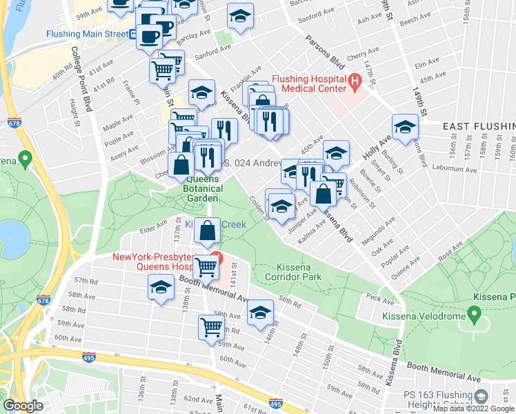map of restaurants, bars, coffee shops, grocery stores, and more near Colden Street in Queens