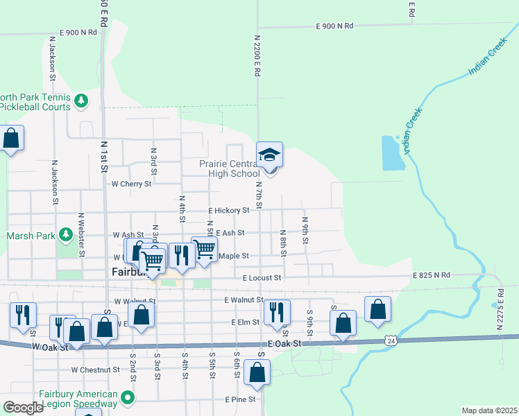map of restaurants, bars, coffee shops, grocery stores, and more near 411 North 7th Street in Fairbury