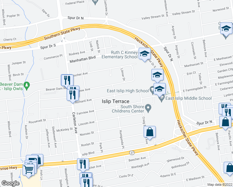 map of restaurants, bars, coffee shops, grocery stores, and more near 59 Richard Avenue in Islip Terrace