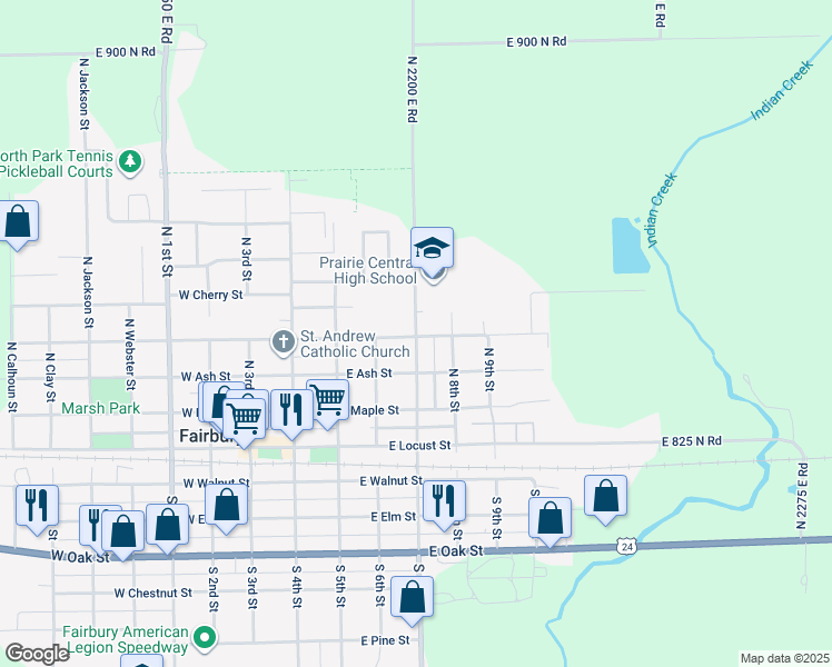 map of restaurants, bars, coffee shops, grocery stores, and more near 411 North 7th Street in Fairbury