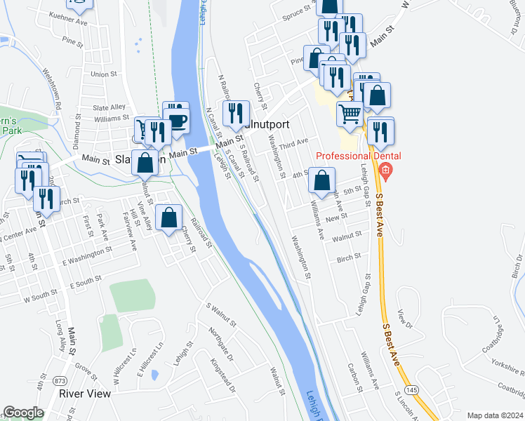 map of restaurants, bars, coffee shops, grocery stores, and more near 429 South Canal Street in Walnutport