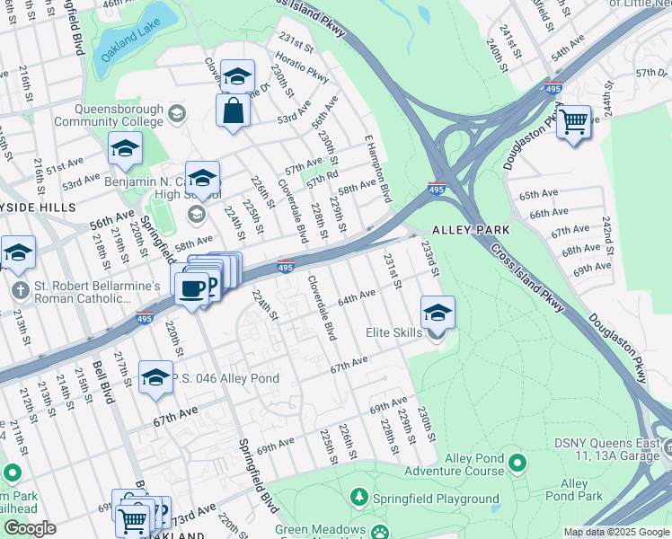 map of restaurants, bars, coffee shops, grocery stores, and more near 61-05 228th Street in Queens