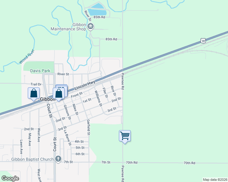 map of restaurants, bars, coffee shops, grocery stores, and more near 198 1st St in Gibbon
