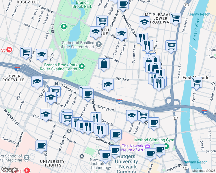 map of restaurants, bars, coffee shops, grocery stores, and more near 1 Colonnade Place in Newark