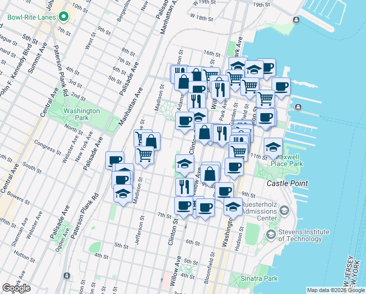 map of restaurants, bars, coffee shops, grocery stores, and more near 1035 Grand Street in Hoboken