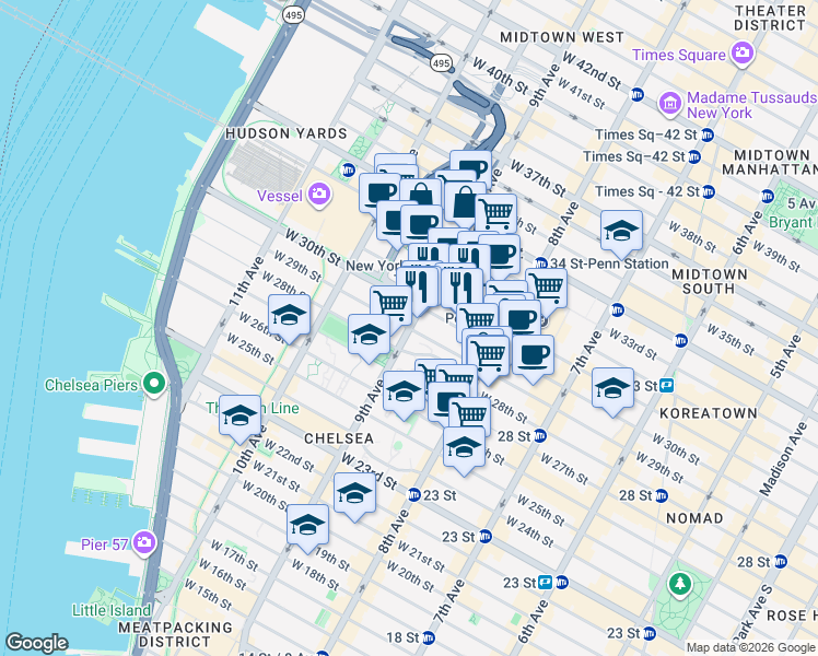 map of restaurants, bars, coffee shops, grocery stores, and more near 9th Ave & W 29th St in New York