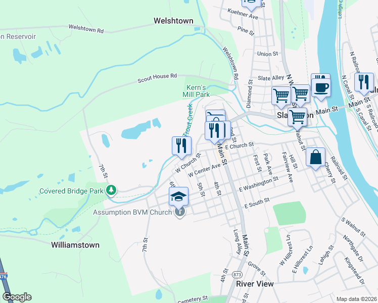 map of restaurants, bars, coffee shops, grocery stores, and more near 76 Dowell Street in Slatington