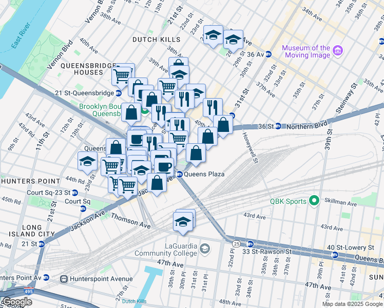 map of restaurants, bars, coffee shops, grocery stores, and more near 29-37 41st Avenue in Queens