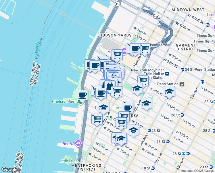 map of restaurants, bars, coffee shops, grocery stores, and more near 540 West 26th Street in New York