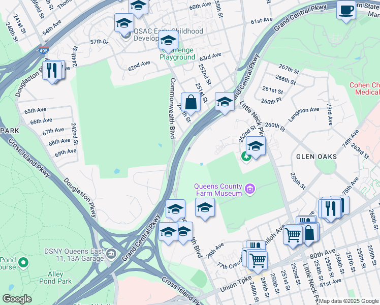 map of restaurants, bars, coffee shops, grocery stores, and more near 245-10 Grand Central Parkway in Queens