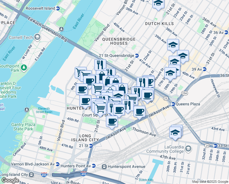 map of restaurants, bars, coffee shops, grocery stores, and more near 21-10 43rd Avenue in Queens