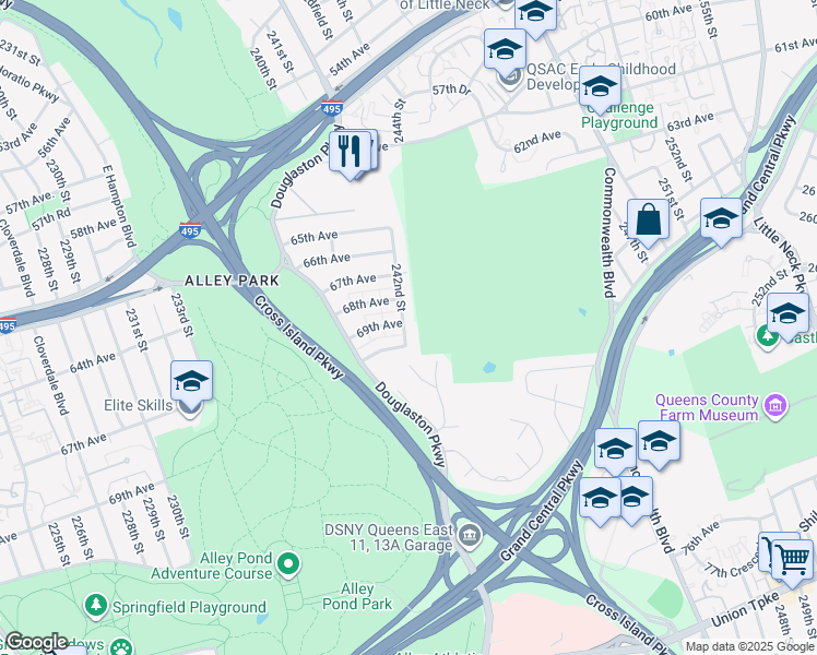 map of restaurants, bars, coffee shops, grocery stores, and more near 240-51 69th Avenue in Queens
