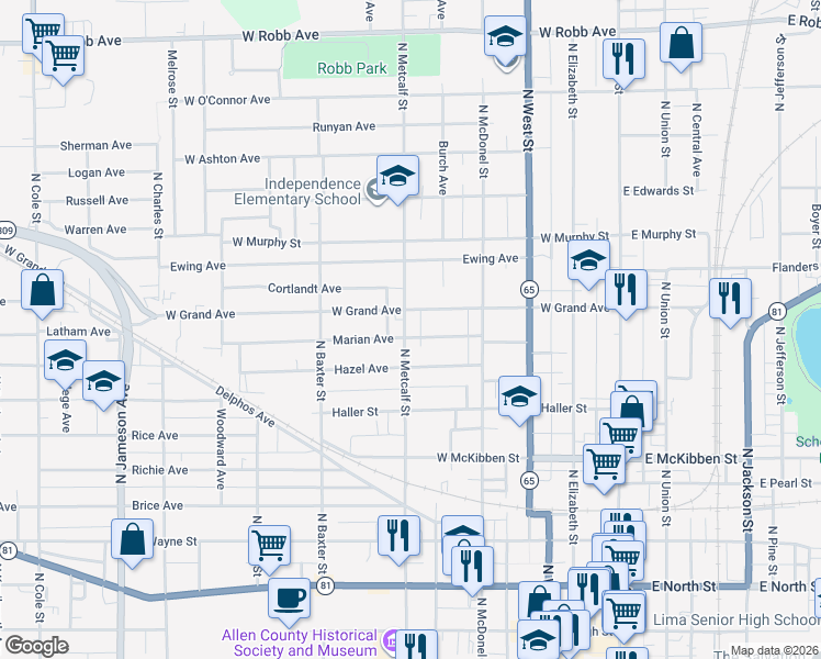 map of restaurants, bars, coffee shops, grocery stores, and more near 455 West Grand Avenue in Lima