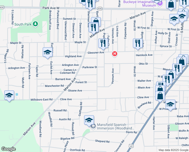 map of restaurants, bars, coffee shops, grocery stores, and more near 455 Woodward Avenue in Mansfield