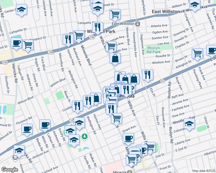 map of restaurants, bars, coffee shops, grocery stores, and more near 210 Linden Road in Mineola